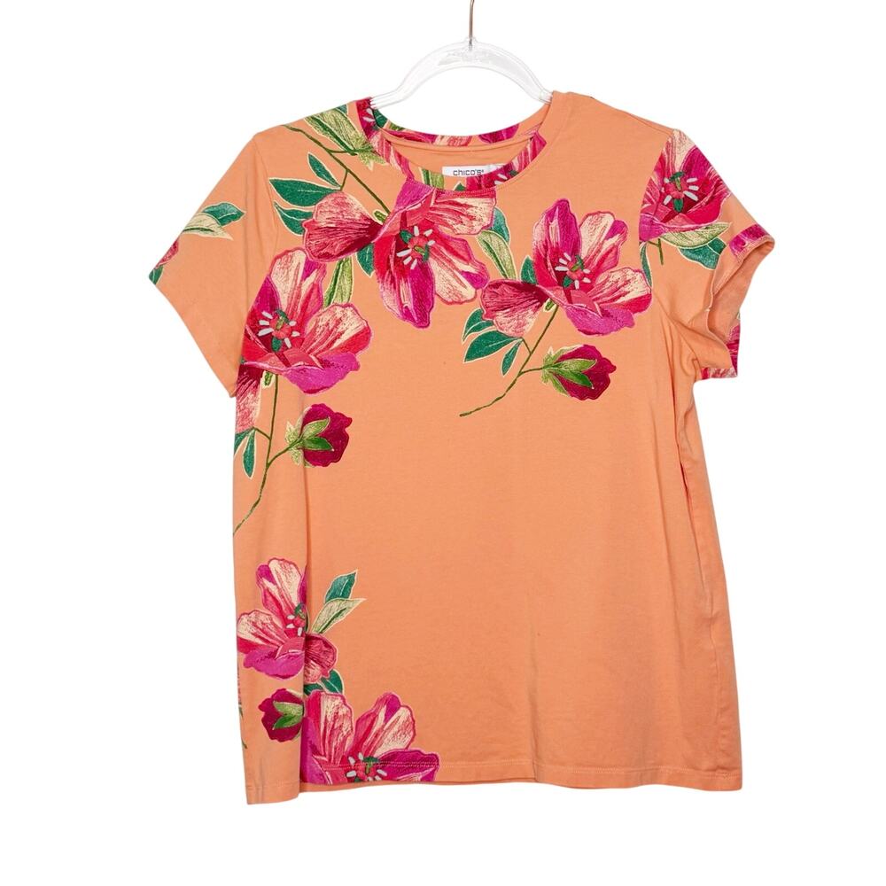 CHICO’S Floral Cap Sleeve Tee Crew Neck Classic Fit Orange Multi Womens Size L - Picture 8 of 8